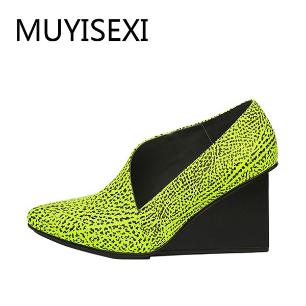 

fluorescent green women shoes  cm high heel genuine leather pointed toe wedges pumps black white plus size d052 muyisexi
