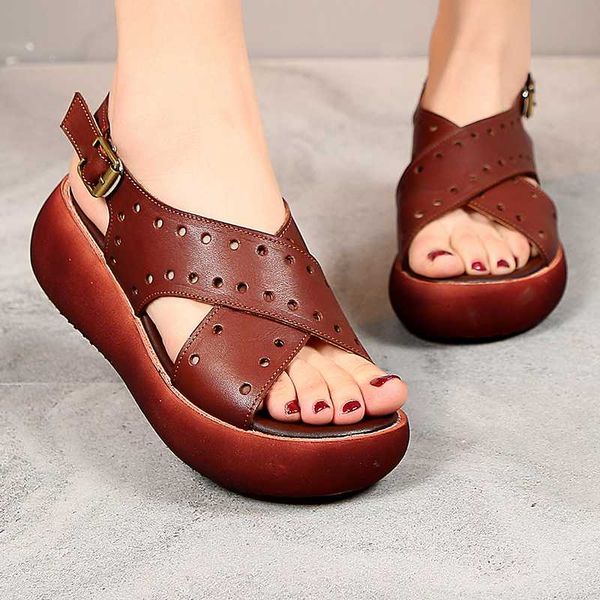 

aiyuqi women sandals platform 2020 summer new genuine leather ladies sandals retro fashion casual hole women shoes, Black