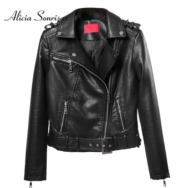 

autumn winter leather jacket women short black motorcycle biker pu faux leather jackets sashes zippers coats blouson cuir femme