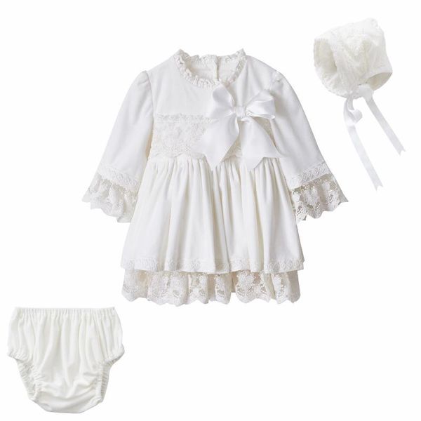 

3pcs 0-12y white velvet autumn winter baby girl vintage spanish dress pompom princess dress lolita birthday party for girl, Red;yellow