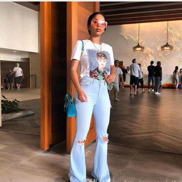 

fashion vintage women flare jeans summer light blue skinny ripped jeans ladies zipper fly long pants