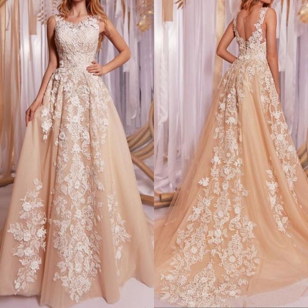 Abiti champagne Splendido collo gioiello con applicazioni in pizzo economico Boho Country Abito da sposa Abito da sposa Robe De Marie