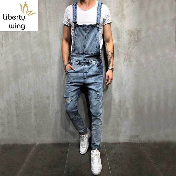 

men's jeans fashion cowboy mens overalls hole ripped denim rompers slim fit pencil pants plus size man jumpsuit trousers, Blue