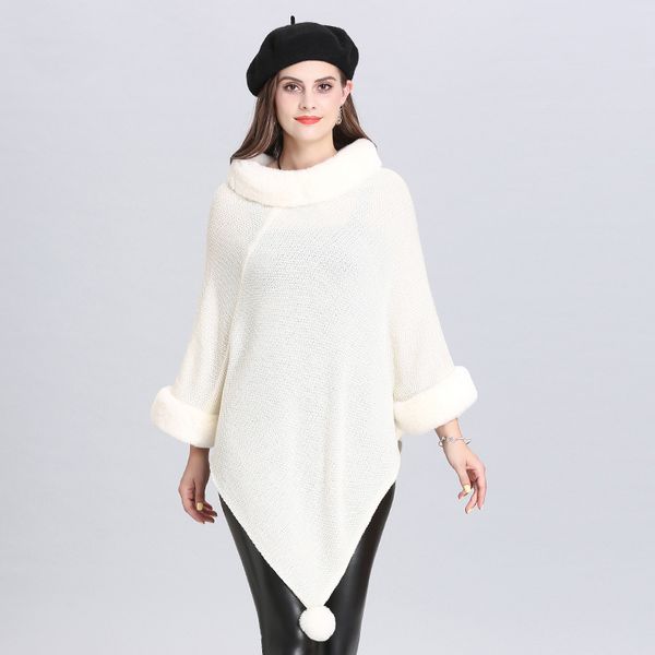

new autumn winter women's knitted ponchos faux fur collar pullovers cape sweater poncho c4934, Black