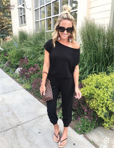 

casual rompers regular solid off shoulder short sleeve long jumpsuits 2019 new arrival women summer fashion slim elegant female xl, Black;white