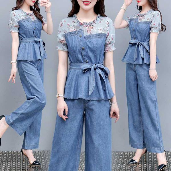 

two piece dress 2021 summer women's fashion printed chiffon stitching denim + wide-leg jeans suits female vintage two-piece sets, White