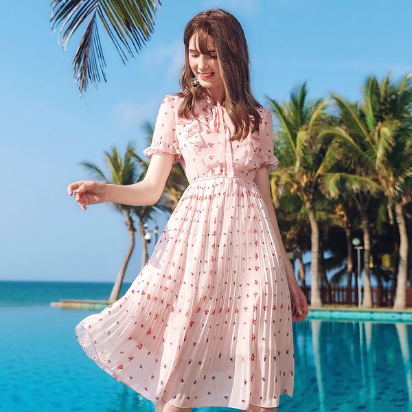 

girl sweet dress 2020 new summer women floral print long chiffon dress female short sleeve pleated vestidos fashion, Black;gray