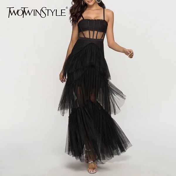 

twotwinstyle strap dresses female sleeveless high waist hollow out patchwork mesh dress female fashion clothes 2018 summer, Black;gray