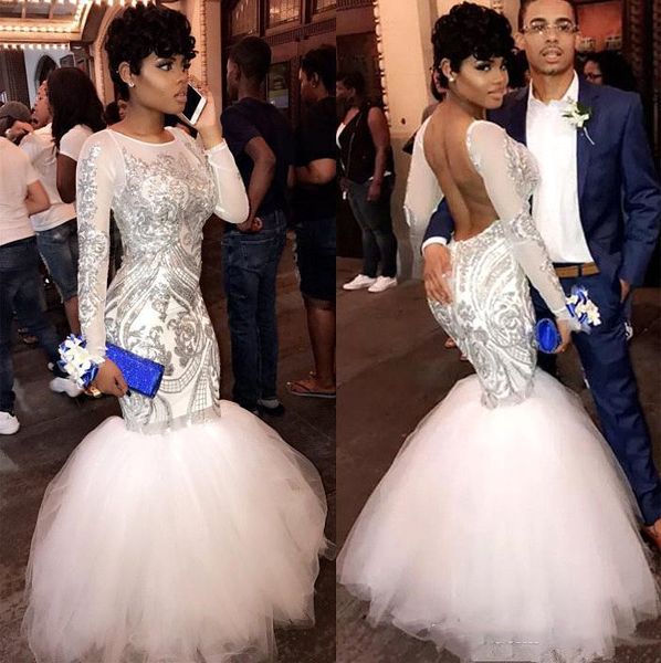 

2019 white sequined mermaid prom dress jewel neck modest long sleeve evening gowns open back red carpet party wear, Black;red