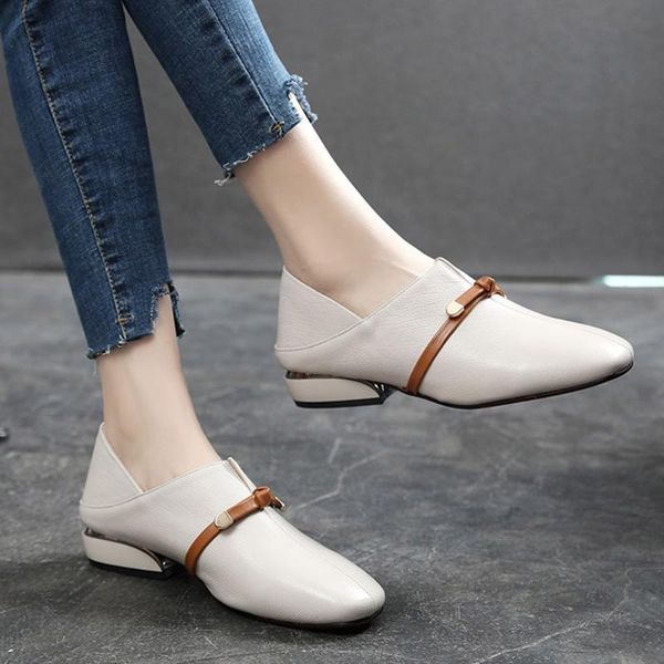 

women british single shoes shallow mouth small shoes mid heel spring square toe woman soft leather bullock women, Black
