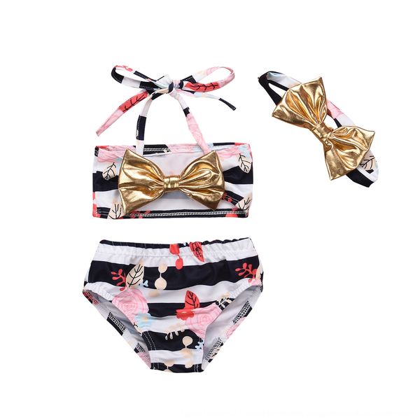 

ins girl striped split printed bow three-piece ins girl striped split printed bow swim three-piece swimsuit butterfly butterfly suit, Black