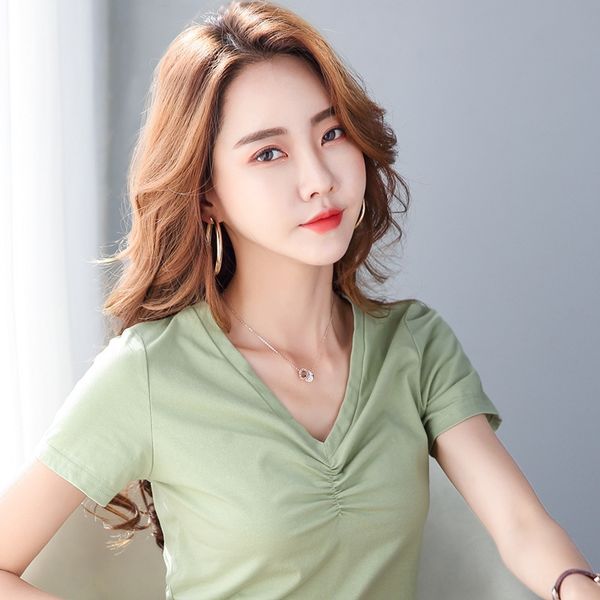 

short-sleeved t- women's 2020 solid color v-neck wrinkle slim base women's inner fashion t-shirt jacket shirt jacket, White