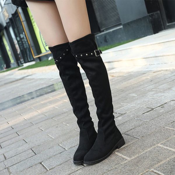 

women autumn over the knee boots slip on buckle strap woman fashion platform boots ladies stretch suede casual female shoes, Black