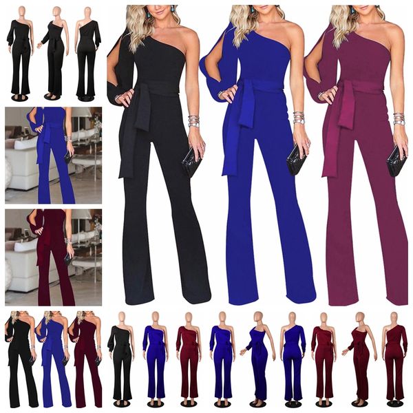 

2019 european spring and summer casual slant shoulder collar long sleeve off shoulder slim belt jumpsuit, support mixed batch, Black;white