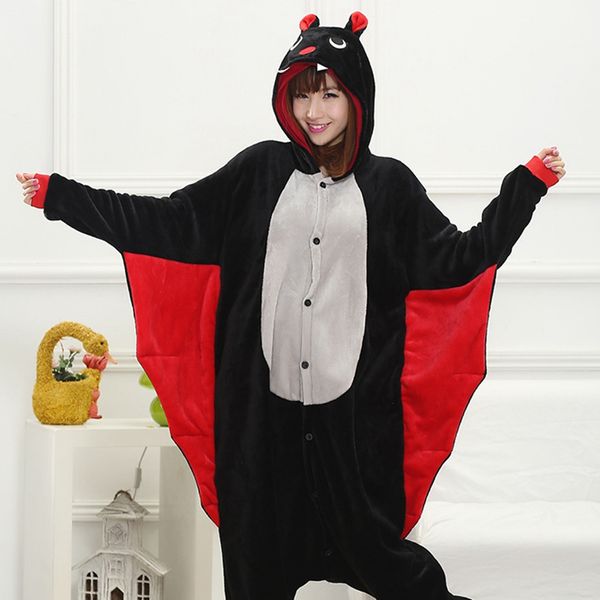 

onesie anime women costume bat halloween cosplay cartoon animal sleepwear winter warm flannel hooded pajama, Black;red