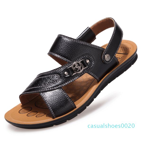 

wholesale-new summer men sandals genuine leather fashion metal buckle slippers male casual beach shoes men flat sandalias msh252 c20, Black