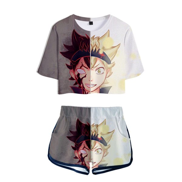

black clover fans 3d college style kawaii 2019 navel fashion women's navel t-shirt + shorts suit cotton short-sleeved, White