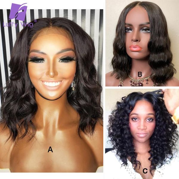 

lace wigs 13x6 short wavy front human hair for black women pre plucked remy brazilian bob cut frontal wig 150% luffy, Black;brown