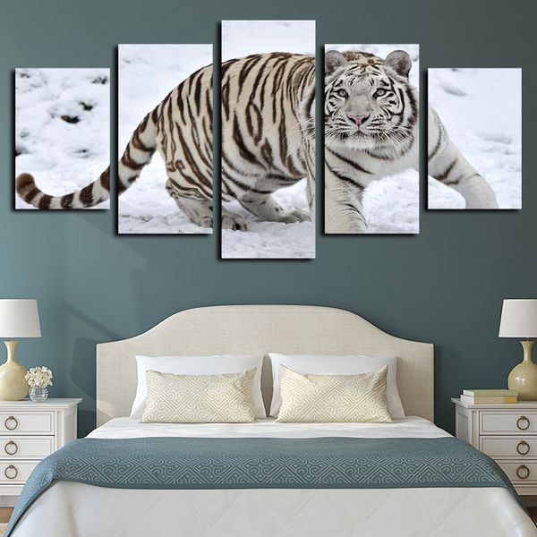 

5 panels white tiger landscape modern artworks giclee canvas wall art for home decor abstract poster canvas print oil painting