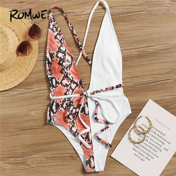 

romwe sport bikinis set patchwork snakeskin print open back self tie one piece swimsuit women summer criss cross monokini, White;black
