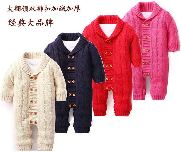 

european and american style cross-border products cotton baby jumpsuit childrens sweater wholesale plus velvet thick baby romper, Blue