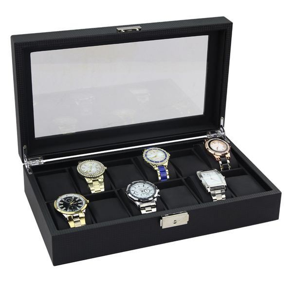 

2019 luxury design carbon fiber leather inner wood with cushion case collect watch box 10/12 storage travel box, exw box seller, Black;blue
