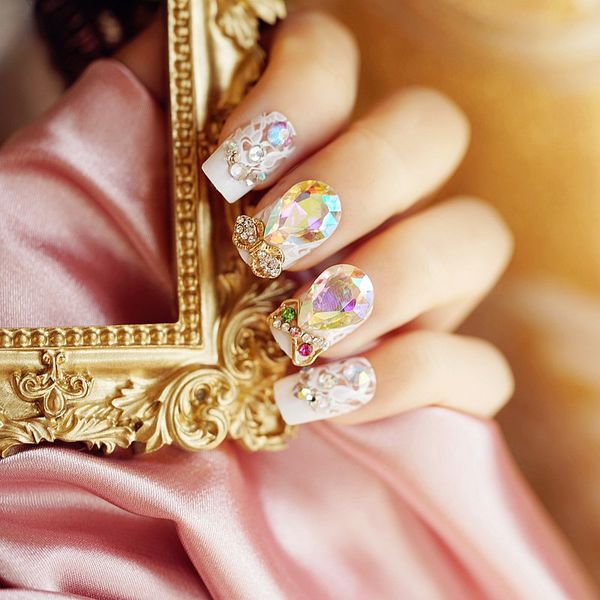 

full cover false nail with design round head society full finished artificial art acrylic self-adhesive lot with glue 24count, Red;gold