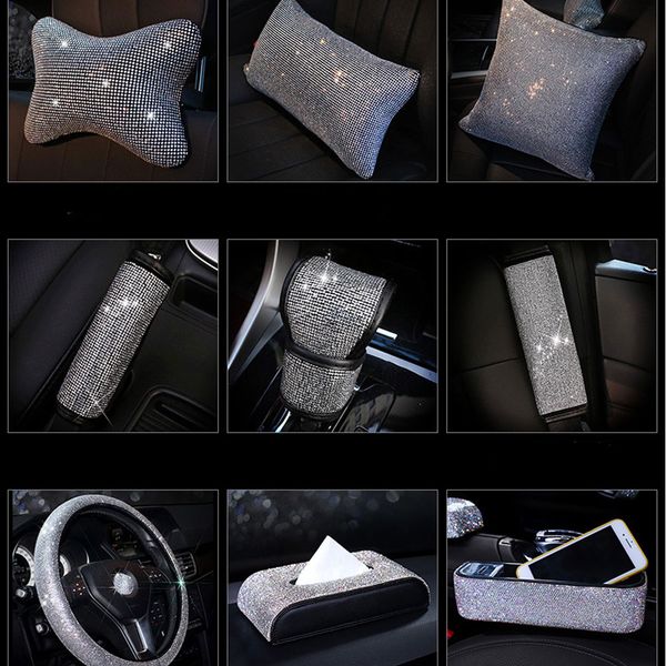

rhinestones bling bling crystal car seat belt cover pad neck pillow waist support steering wheel cover auto interior accessories
