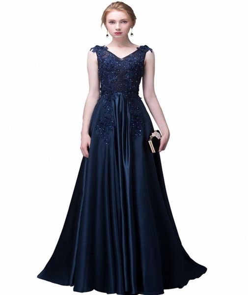 

dark navy satin v neck evening dresses formal wear sleeveless simple modest floor length beading prom dresses after party gowns, Black;red