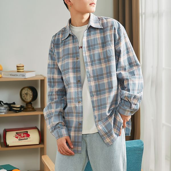

plaid casual button men shirt blue fashion loose shirt men simple long sleeve vintage student clothing autumn spring bb60ncs, White;black