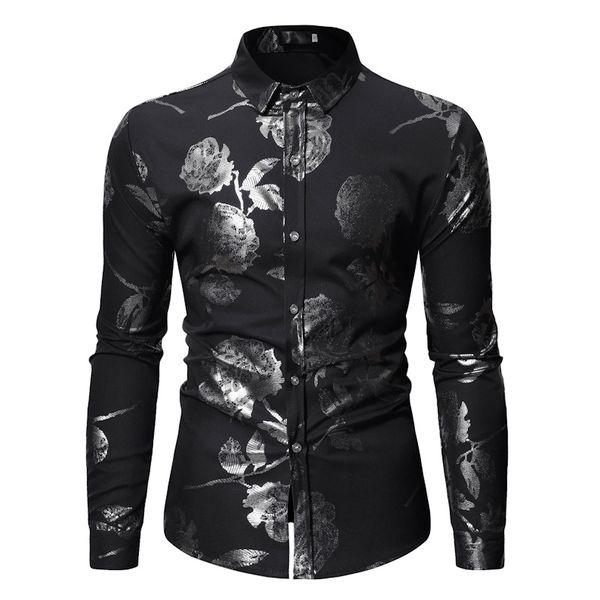 

men's casual shirts shiny silver rose foil slim fit long sleeve party dress shirt 2021 spring autumn men stage wear, White;black
