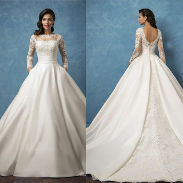 

elegant satin wedding dresses sheer long sleeve jewel neck illusion bridal gowns lace appliqued a line beach wedding dress, White