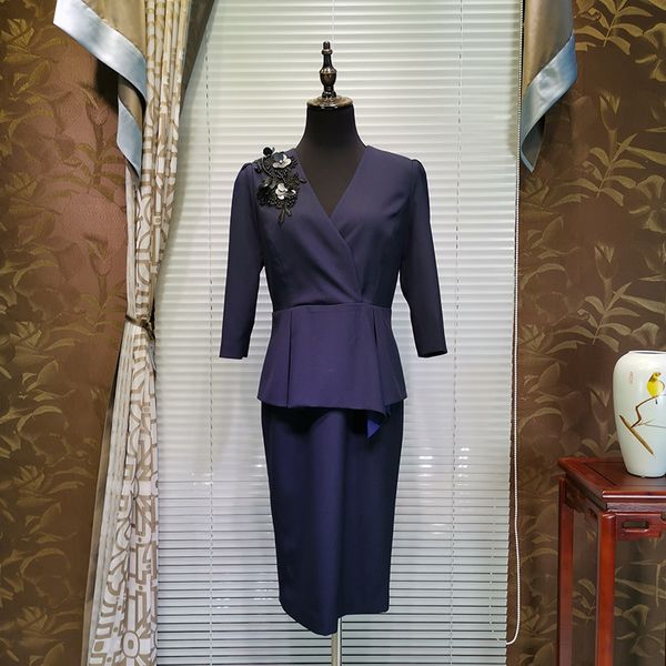 

three quarter sleeved blazers suit navy blue elegant skirt suit women grade formal sets luxury v-neck blazer & suits, White