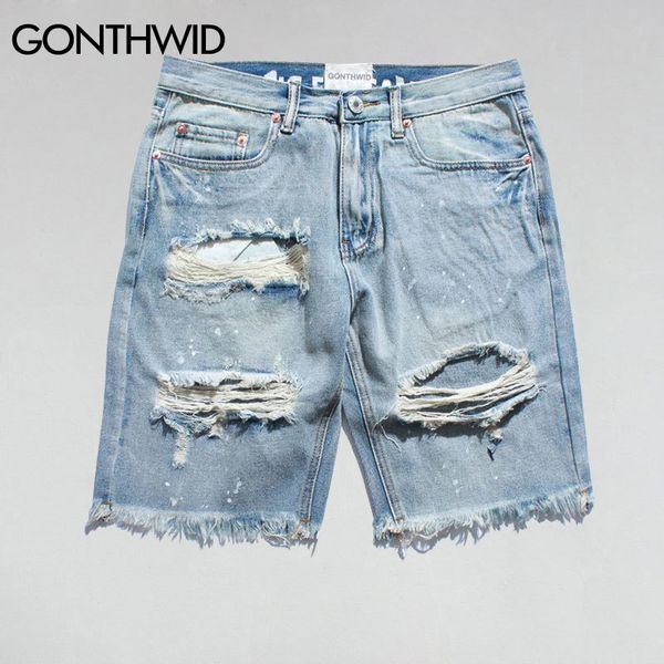 GONTHWID Ripped Destroyed Distressed 2020 Мужские джинсовые шорты с дырками Синие мужские хип-хоп Модные повседневные джинсы в горошек Короткие CX200701