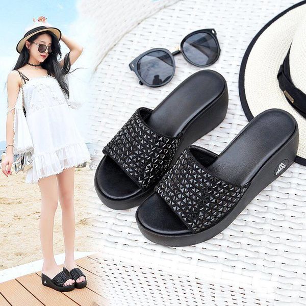 

slanted heel slipper women's new style man-made diamond thick bottomed high-heel slanted heel black sandals women's sandals