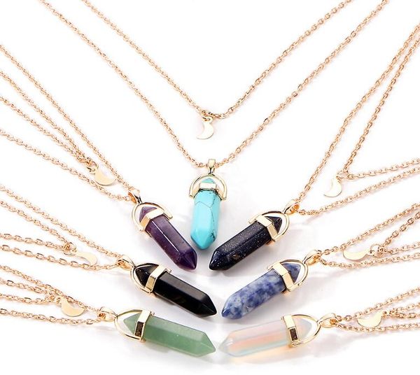 

crystal necklaces hexagonal stone pendant chain necklaces natural bullet moon gold multilayer for jewelry prism men women dnmau
