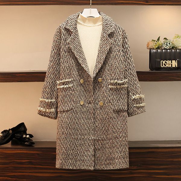

women winter tweed coat wool peacoat tailored collar double-breasted fringed hem vintage long woolen jacket plus size, Black