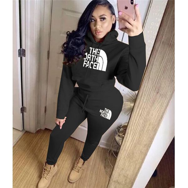 

плюс размер 2xl осень зима женщины спортивный костюм 2 шт комплект с капюшоном толстовки топ + брюки повседневная печать наряды открытый спо, Black;gray