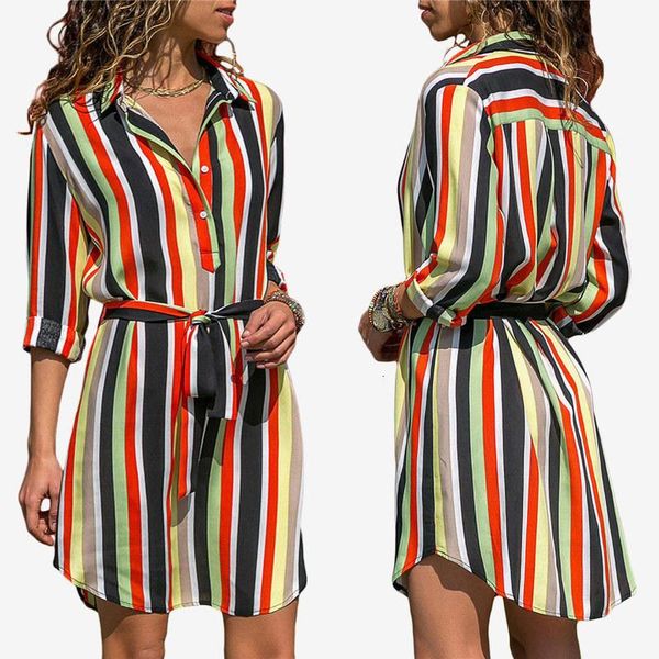 

women's dress vintage casual long sleeve stripe print irregular button belt midi dresses spring summer fashion office lady dress, Black;gray