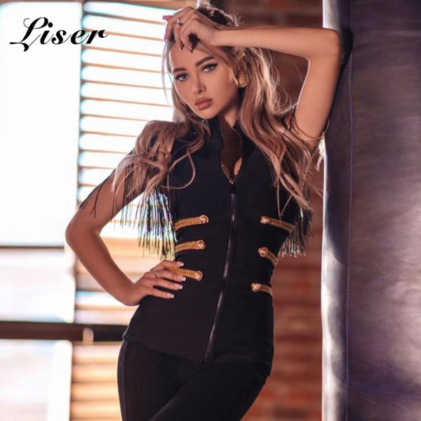 

liser 2019 новые летние женские куртки водолазка кисточкой бинты куртки sexy bodycon элегантная вечеринка знаменитостей черная куртка vestid, Black;brown