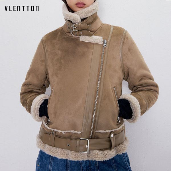 

autumn winter thick warm suede parka women solid zipper biker jacket coat female sashes lambswool outwear chaqueta mujer, Black