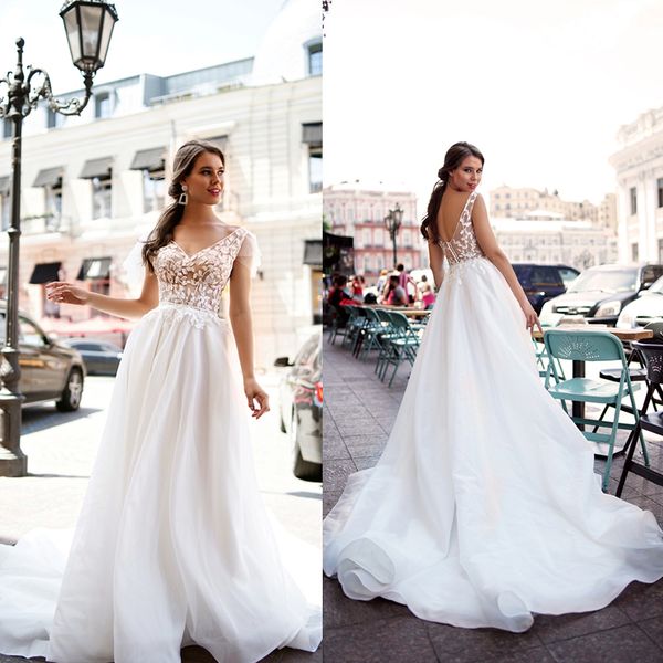

simple a line tanya grig bohemian dresses v neck short sleeve tulle lace applique button wedding gowns sweep train robe de mariÃ©e, White