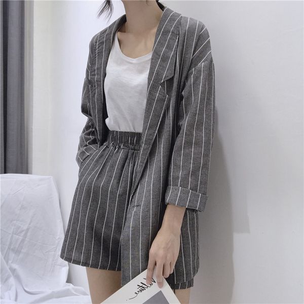 

summer striped short suits for women spring long sleeve blazer jacket & shorts casual 2 piece sets feminino cotton linen suits, White;black