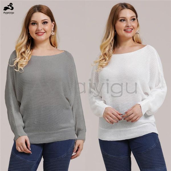 

aygaiyigu large big size sweaters women plus size female basic sweaters slash neck long batwing sleeve simple knitted clothing, White;black