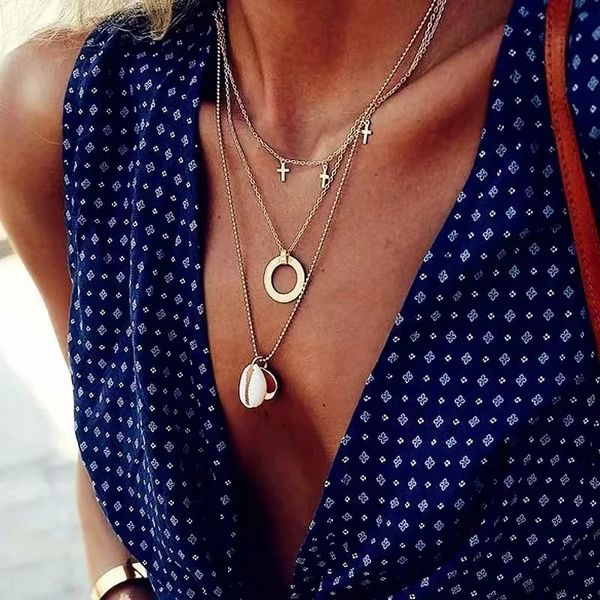 

style new alloy shell necklace creative retro simplicity cross circle pendant multi-layer chain jewelry wholesale women gilr's gift