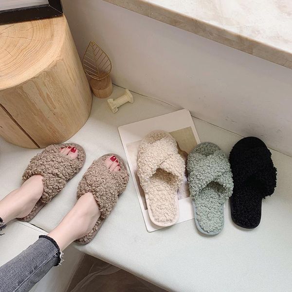 

women furry flat slippers girls cute cotton short plush casual shoes indoor outdoor slippers warm zapatos de mujer de moda 2020, Black