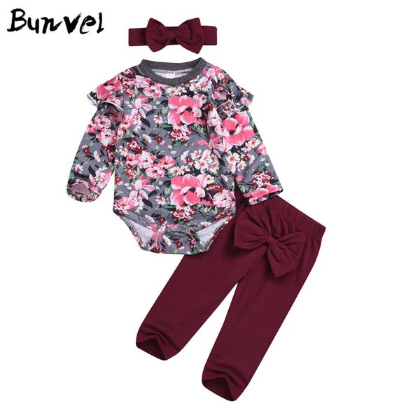

bunvel winter baby girl clothes floral rompers+pants+headband children clothing set baby girls long sleeve 3pcs outfits set t, White