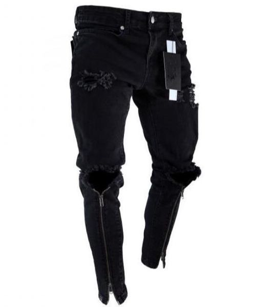 

mens designer jeans zipper holes designer jeans black ripped slim fit style represen pencil pants, Blue