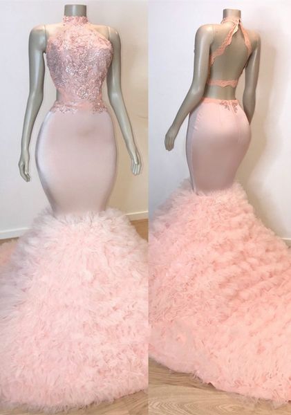 

2019 pink mermaid prom dresses halter lace appliqued sweep train tiered skirts backless evening dress black girls special occasion gowns