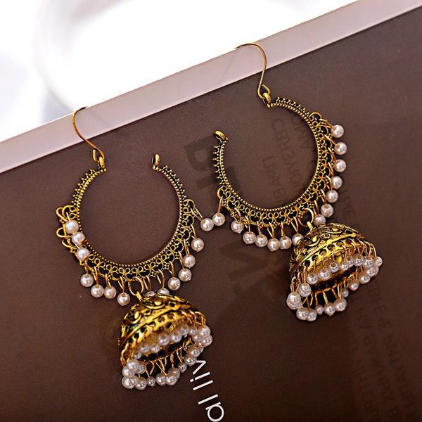 

women's ethnic retro round indian jhumka earrings classic vintage white beads tassel earrings wedding jewelry bijoux, Silver